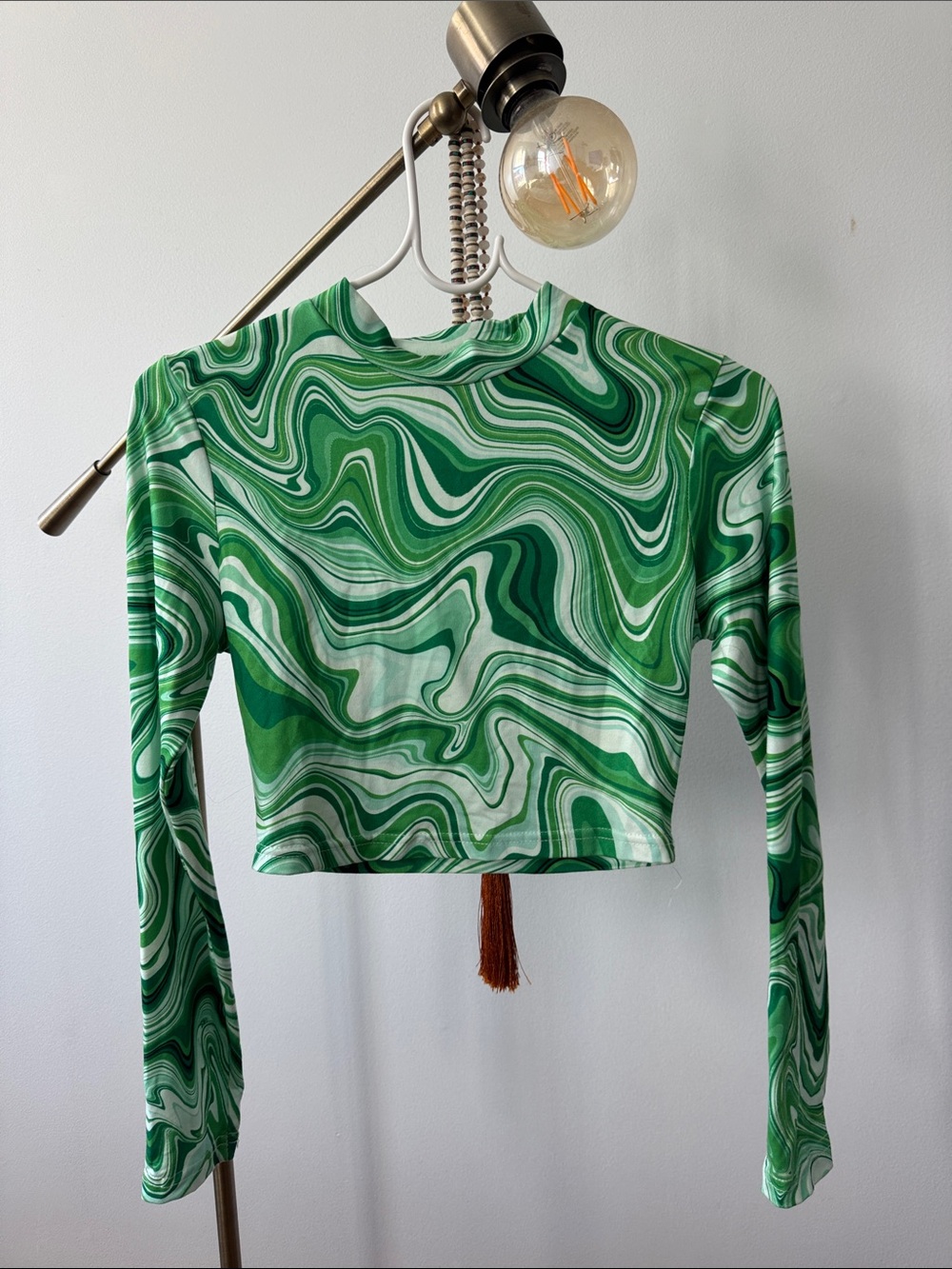 Green Marble-Print Long Sleeve Crop Top